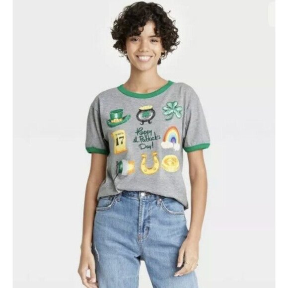 Women's St. Patrick's Day Icons Short Sleeve Graphic T-Shirt - Gray S - Picture 1 of 5